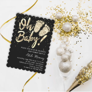 Guld Confetti Feet Baby Shower Black White Inbjudningar