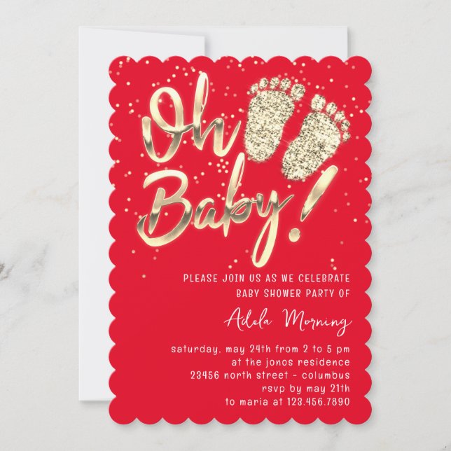 Guld Confetti Feet Baby Shower-skript Red Inbjudningar (Framsida)
