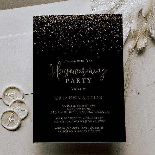 Guld Confetti Finare skript Houseuppvärmning Party Inbjudningar (Skapare uppladdad)