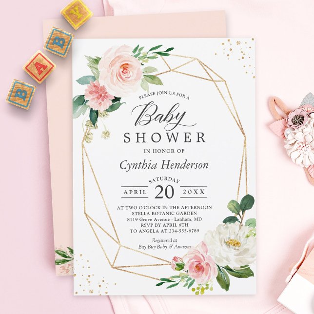 Guld Confetti Geometric  Blommigt Baby Shower Inbjudningar (Skapare uppladdad)