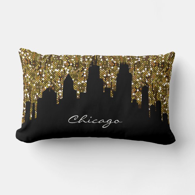Guld Confetti Glitter Chicago Skyline Landmark Lumbarkudde (Framsida)