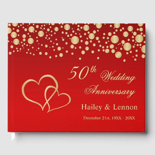 Guld Confetti Hearts 50:e Bröllop-årsdagen Gästböcker (Framsida)