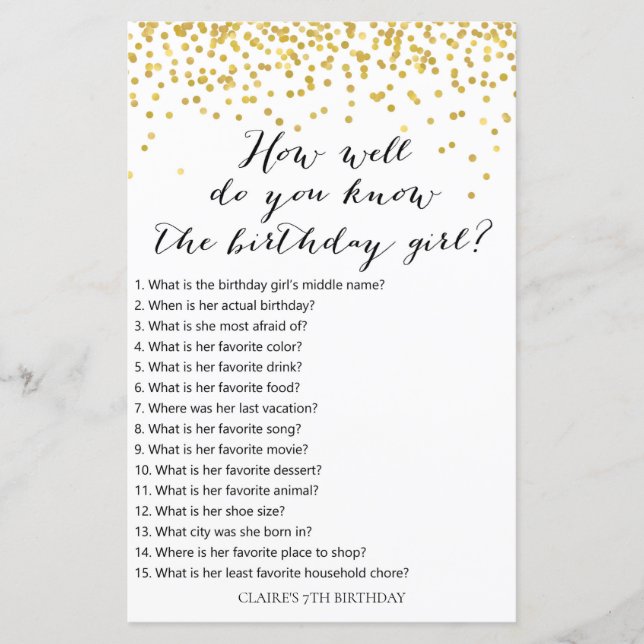 Guld Confetti Hur väl känner du till födelsedagsfl (Framsida)