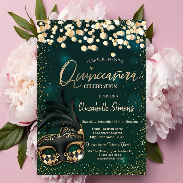 Guld Confetti Masque Grönt Quinceañera Inbjudningar (Skapare uppladdad)