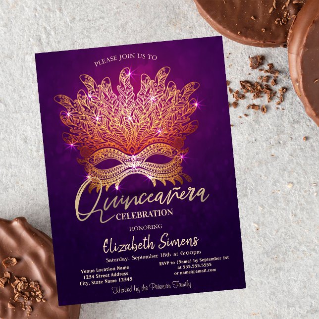 Guld Confetti Masque Lila Quinceañera Inbjudningar (Skapare uppladdad)