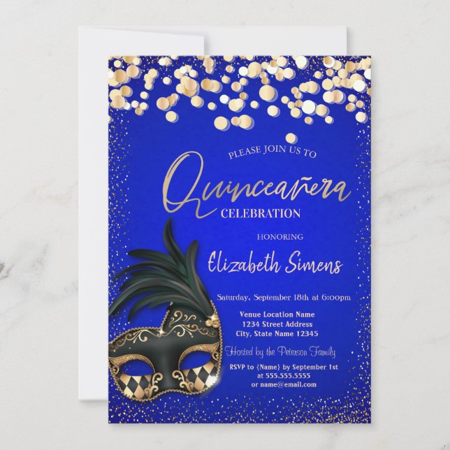 Guld Confetti Masque Royal Blue Quinceañera Inbjudningar (Framsida)