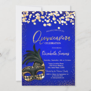 Guld Confetti Masque Royal Blue Quinceañera Inbjudningar