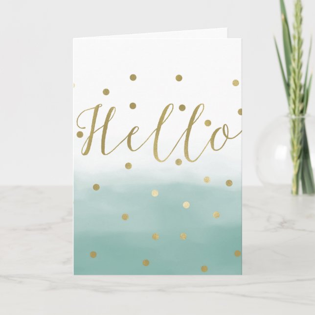 Guld Confetti Mint Watercolor Hej Kort (Framsida)