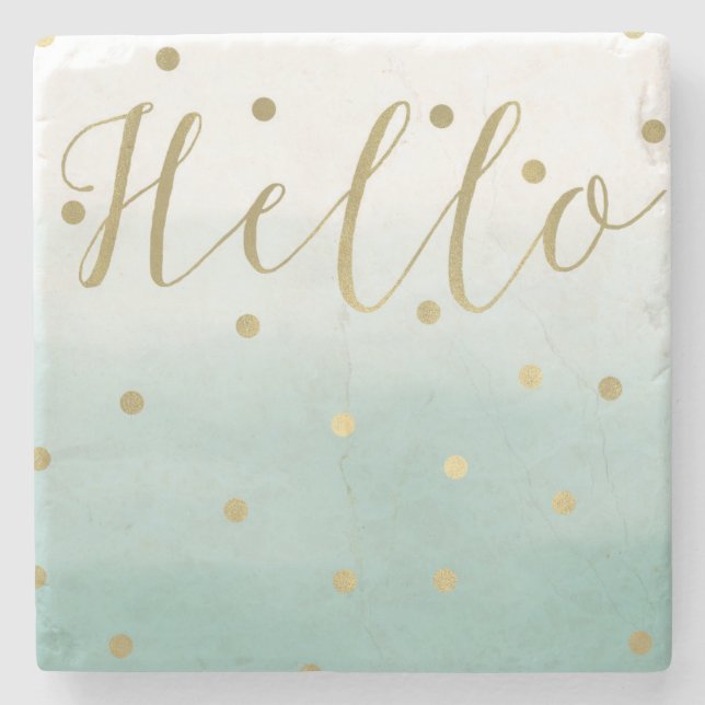 Guld Confetti Mint Watercolor Hej Underlägg Sten (Framsidan)