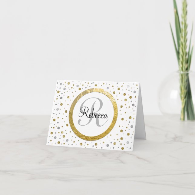 Guld Confetti Monogram Anteckningskort (Framsida)