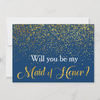 Guld Confetti Navy, blir du min Maid of honor Inbjudningar