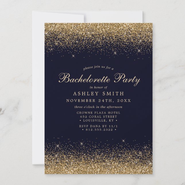 Guld Confetti Navy Blue Modern Bachelorette Inbjudningar (Framsida)