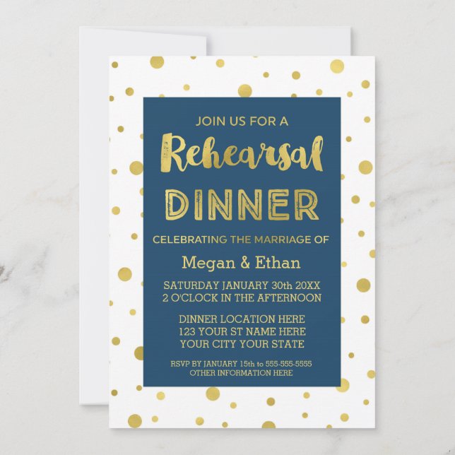 Guld Confetti Navy Blue Rehearsal Dinner Party Inbjudningar (Baksida)