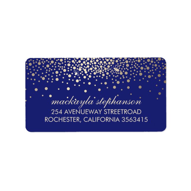 Guld Confetti och Fireflies Navy Bröllop Adressetikett (Framsidan)