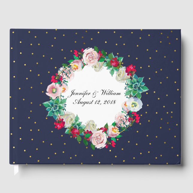 Guld Confetti och Flowers Bröllop Guest Bok (Framsida)