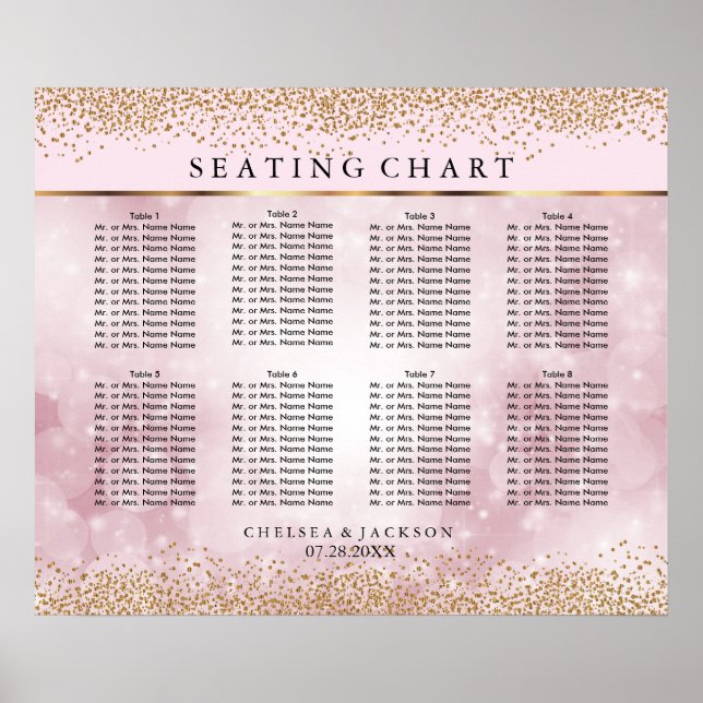 Guld Confetti och Rosa Bokeh - 10 Sittplatsdiagram Poster (Framsidan)