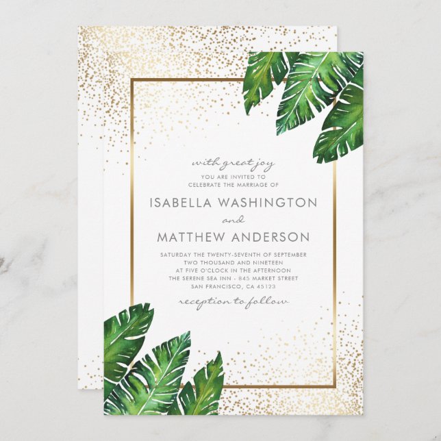 Guld Confetti och Tropical Handflatan Löv Bröllop Inbjudningar (Fram/baksida)