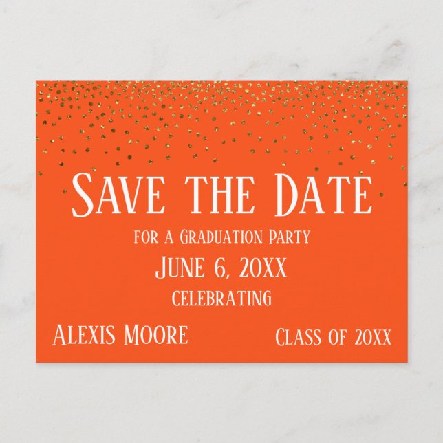 Guld Confetti Orange Studenten Spara datum Vykort (Framsida)