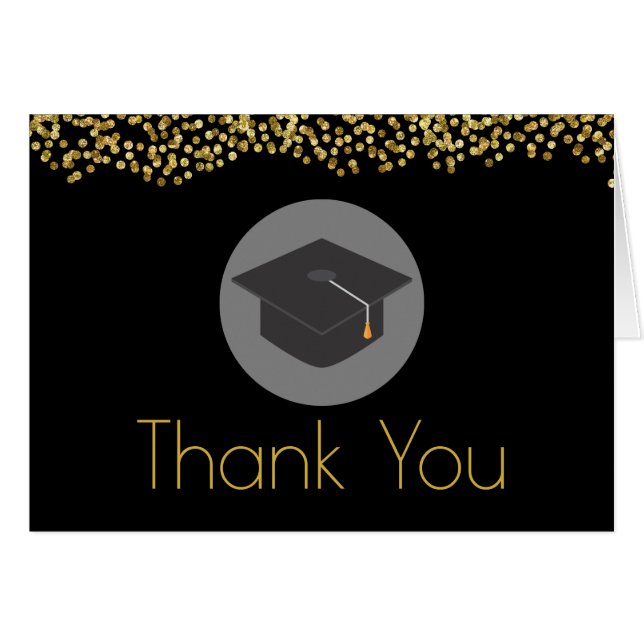 Guld Confetti på svart med Studentmössa tack Hälsningskort (Framsidan Horizontal)
