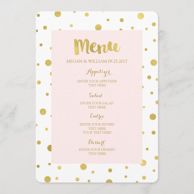 Guld Confetti Pastel  Rosa Bröllop Menu Meny (Framsida)