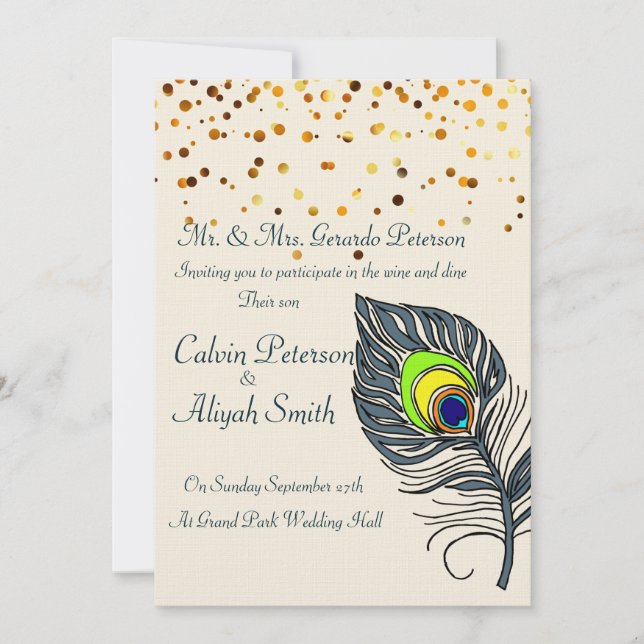 Guld Confetti Peacock Feathers Bröllop Inbjudningar (Framsida)
