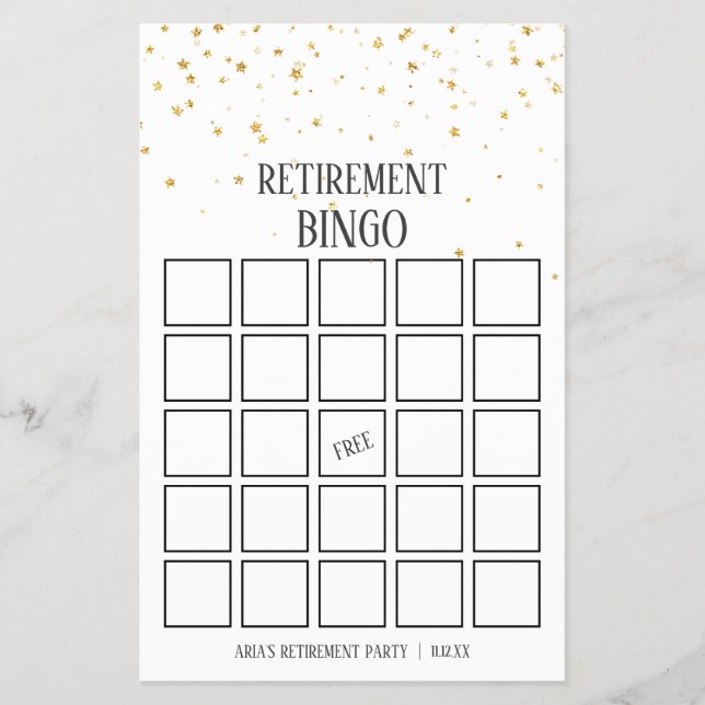 Guld Confetti Pension Bingo-kort Flygblad (Framsidan)