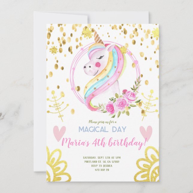 Guld Confetti Rainbow Unicorn ansikte födelsedagen Inbjudningar (Framsida)