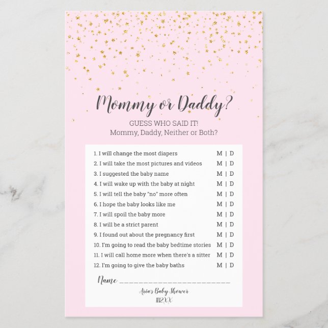 Guld Confetti Rosa Baby Shower Mamma eller pappa G Flygblad (Framsidan)
