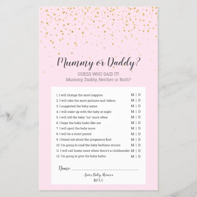 Guld Confetti Rosa Baby Shower Mummy eller pappa G Flygblad (Framsidan)