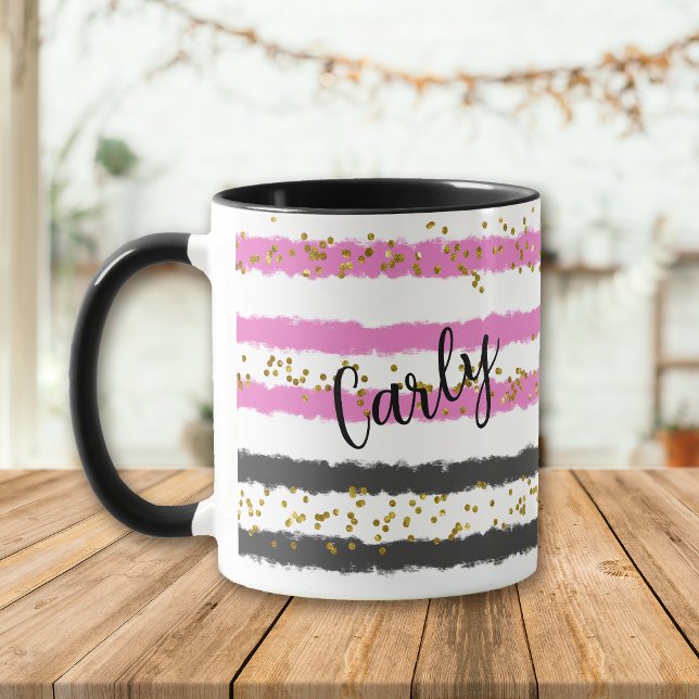 Guld Confetti Rosa Black Rand Namn Mugg (Skapare uppladdad)