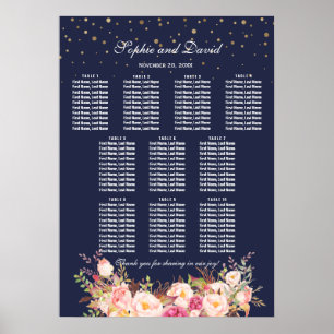 Guld Confetti Rosa Flowers Bröllop Sittdiagram för Poster
