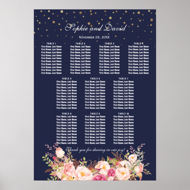 Guld Confetti Rosa Flowers Bröllop Sittdiagram för Poster (Framsidan)