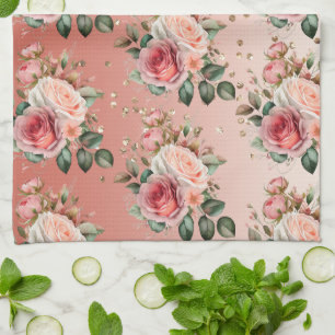 Guld Confetti Rosa ros Blommigt Kökshandduk