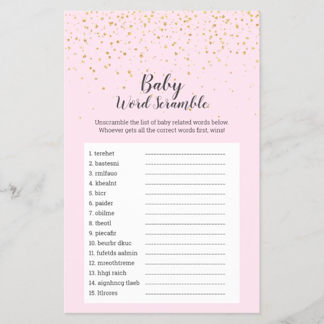 Guld Confetti Rosa Shower Baby Ord Scramble Game Flygblad (Framsidan)
