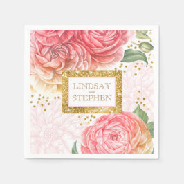 Guld Confetti Rosa Vintage Blommigt Bröllop Pappersservett