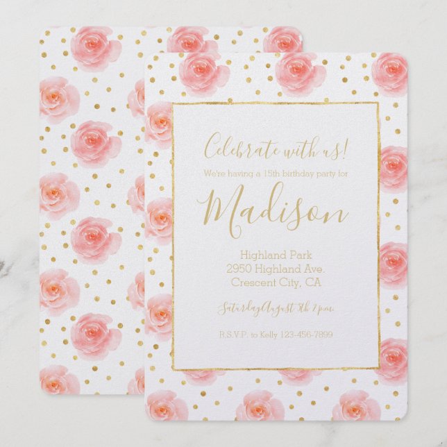 Guld Confetti Rosa Watercolor Ro Birthday Inbjudningar (Fram/baksida)