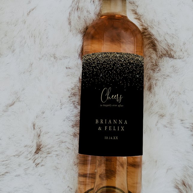 Guld Confetti Script Cheers Bröllop Vin-etiketter Vinflaska Etikett (Skapare uppladdad)