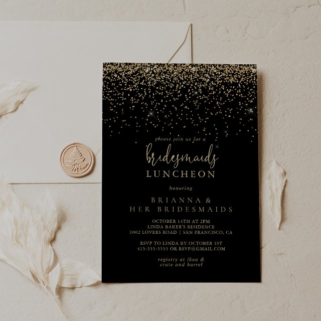 Guld Confetti-skript Bridesmaids Luncheon Shower Inbjudningar (Skapare uppladdad)