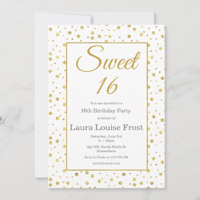 Guld Confetti Sweet 16 födelsedagsinbjudan Inbjudningar (Framsida)