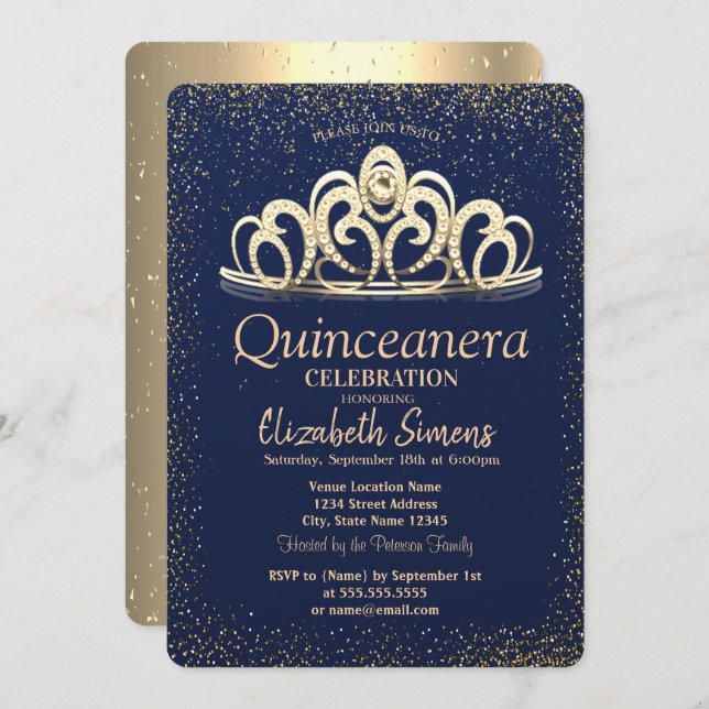 Guld Confetti Tiara Navy Blue Quinceañera Inbjudningar (Fram/baksida)