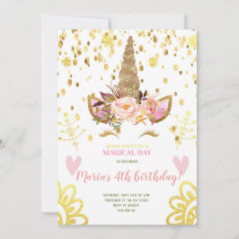 Guld Confetti Unicorn ansikte födelsedagsinbjudan Inbjudningar