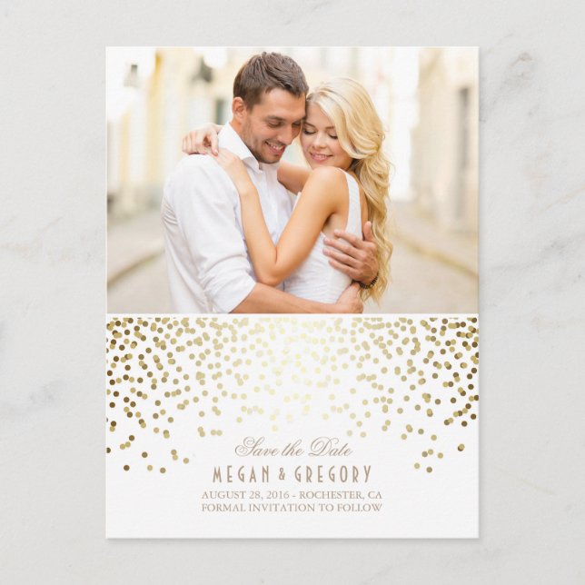 Guld Confetti White Elegant Foto Spara datum Meddelande Vykort (Framsida)