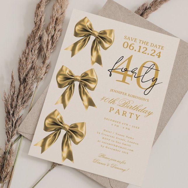 Guld Coquette Bow Save Date 40-årsdag Beige Inbjudningar (Gold Coquette Bow Save Date 40th Birthday Beige Invitation)