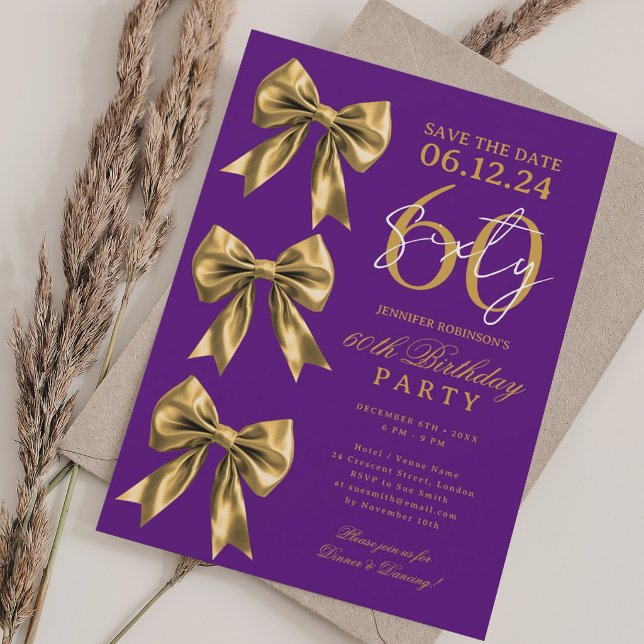 Guld Coquette Bow Save Date 60-årsdag Lila  Inbjudningar (Gold Coquette Bow Save Date 60th Birthday Purple Invitation)