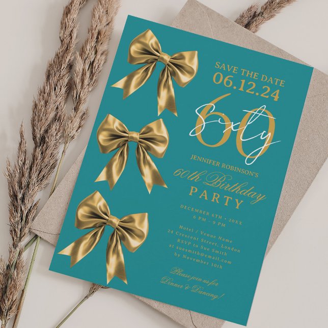 Guld Coquette Bow Save Date 60-årsdag Teal Inbjudningar (Gold Coquette Bow Save Date 60th Birthday Teal Invitation)