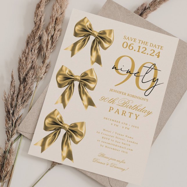 Guld Coquette Bow Save Date 90-års födelsedagsfest Inbjudningar (Gold Coquette Bow Save Date 90th Birthday Party Invitation)