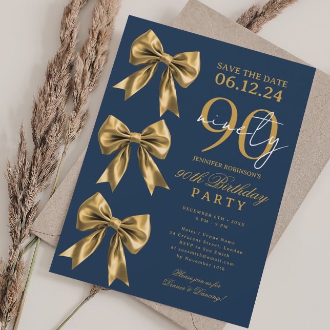Guld Coquette Bow Save Date 90-årsdag Navy Blu Inbjudningar (Gold Coquette Bow Save Date 90th Birthday Navy Blu Invitation)