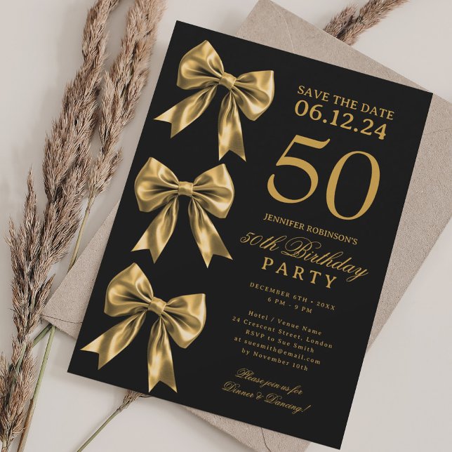 Guld Coquette Bow Save The Date 50-årsdag  Inbjudningar (Gold Coquette Bow Save The Date 50th Birthday Invitation)