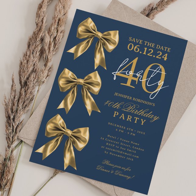 Guld Coquette Bow Spara Datum 40-årsdag Navy Blå Inbjudningar (Gold Coquette Bow Save Date 40th Birthday Navy Blu Invitation)