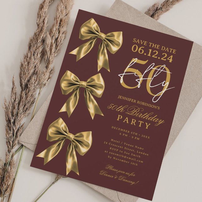Guld Coquette Bow Spara Datum 50-årsdag Burgundy Inbjudningar (Gold Coquette Bow Save Date 50th Birthday Burgundy Invitation)